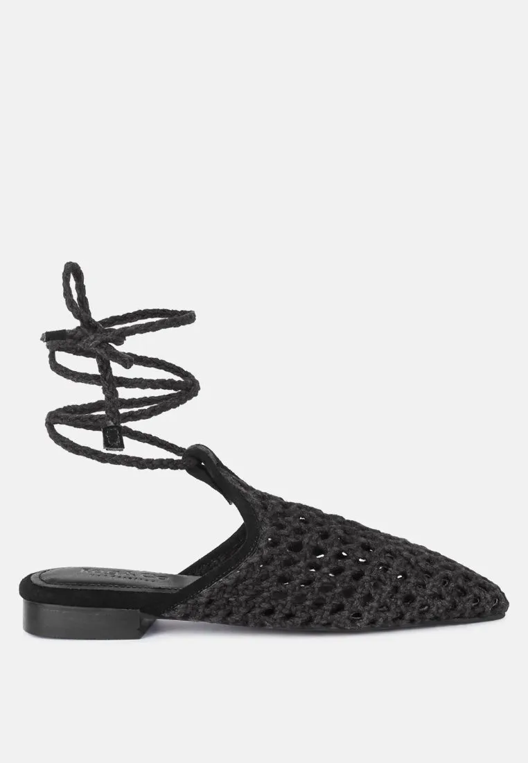 Tutsi Handwoven Honeycomb Cotton Tie Up Mules Flats By Ruw
