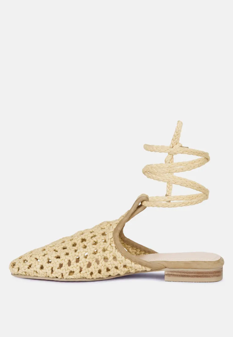 Tutsi Handwoven Honeycomb Cotton Tie Up Mules Flats By Ruw
