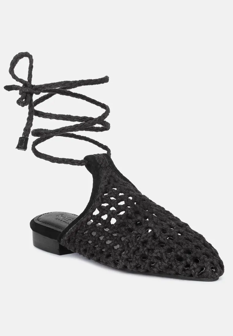 Tutsi Handwoven Honeycomb Cotton Tie Up Mules Flats By Ruw