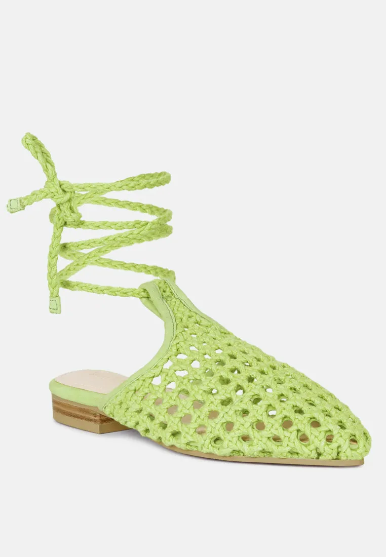 Tutsi Handwoven Honeycomb Cotton Tie Up Mules Flats By Ruw