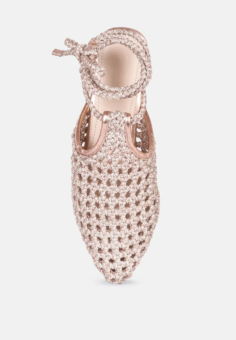 Tutsi Handwoven Honeycomb Cotton Tie Up Mules Flats By Ruw