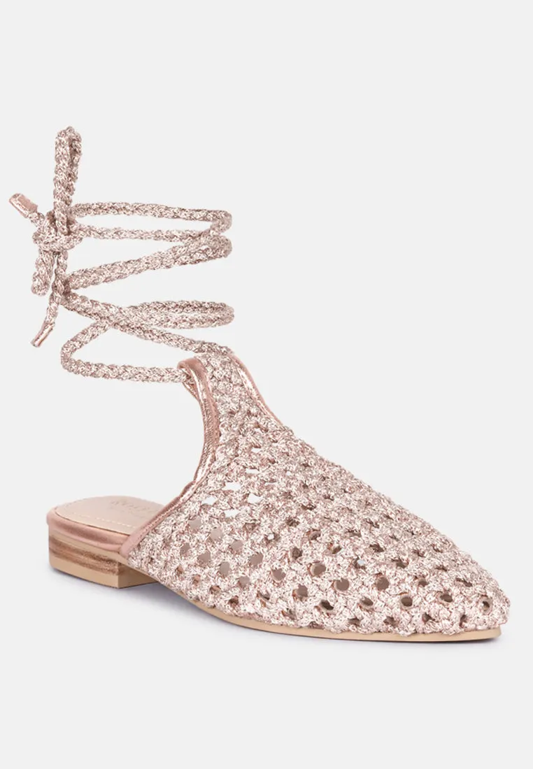 Tutsi Handwoven Honeycomb Cotton Tie Up Mules Flats By Ruw