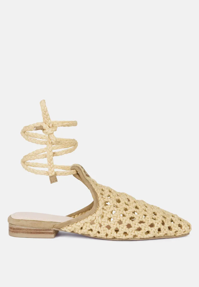 Tutsi Handwoven Honeycomb Cotton Tie Up Mules Flats By Ruw