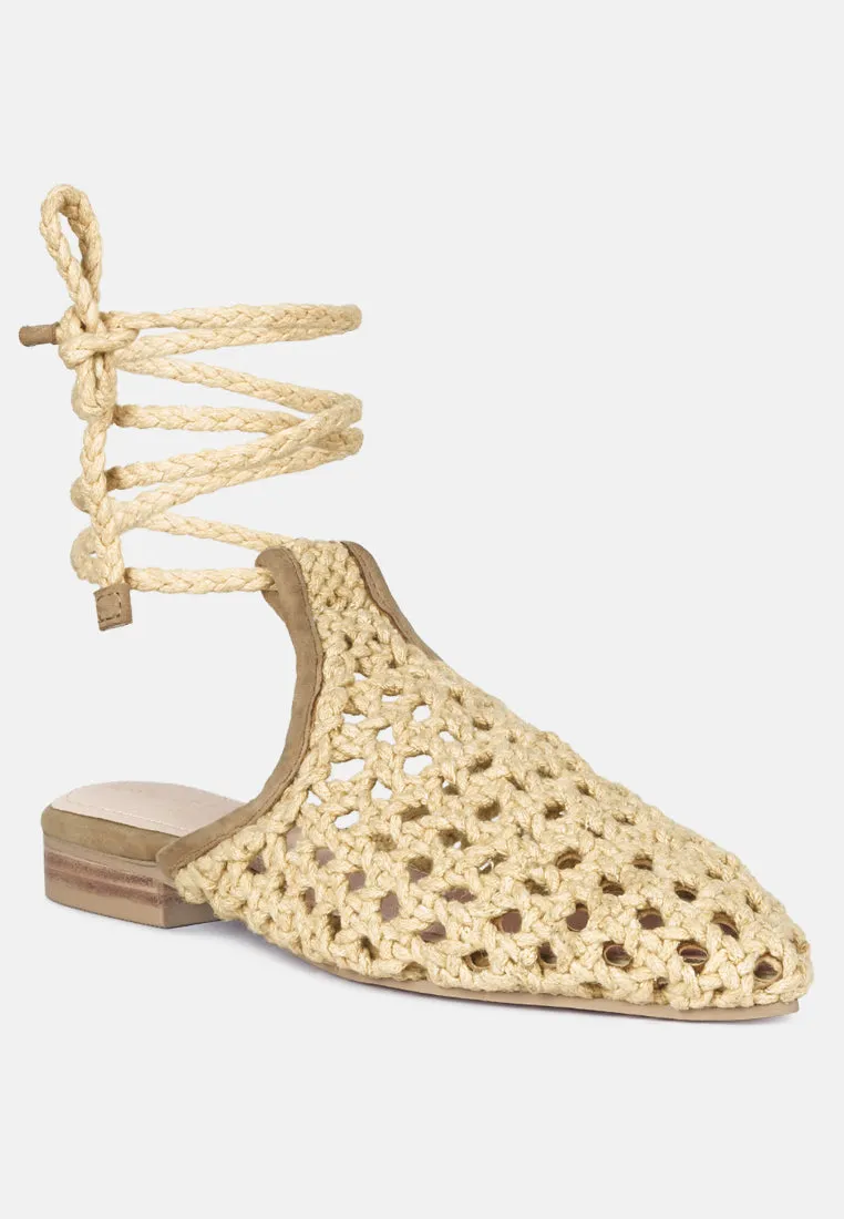 Tutsi Handwoven Honeycomb Cotton Tie Up Mules Flats By Ruw