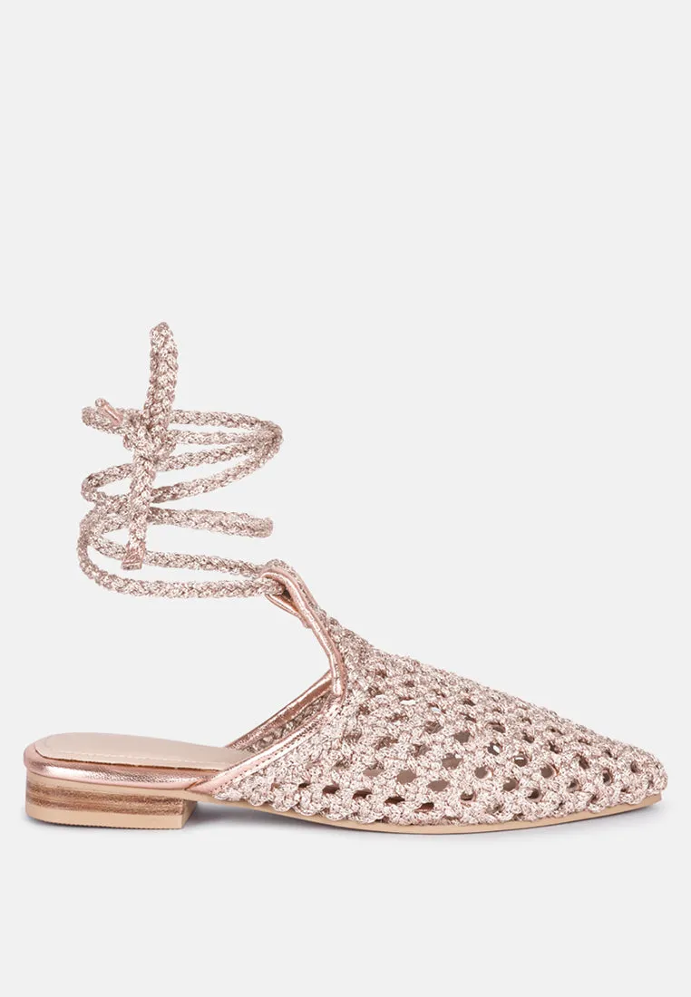 Tutsi Handwoven Honeycomb Cotton Tie Up Mules Flats By Ruw