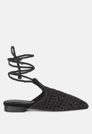 Tutsi Handwoven Honeycomb Cotton Tie Up Mules Flats By Ruw