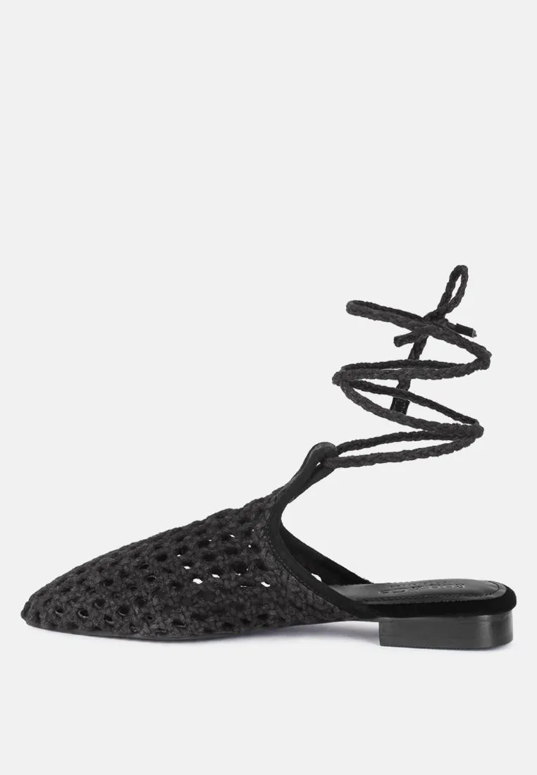Tutsi Handwoven Honeycomb Cotton Tie Up Mules Flats By Ruw