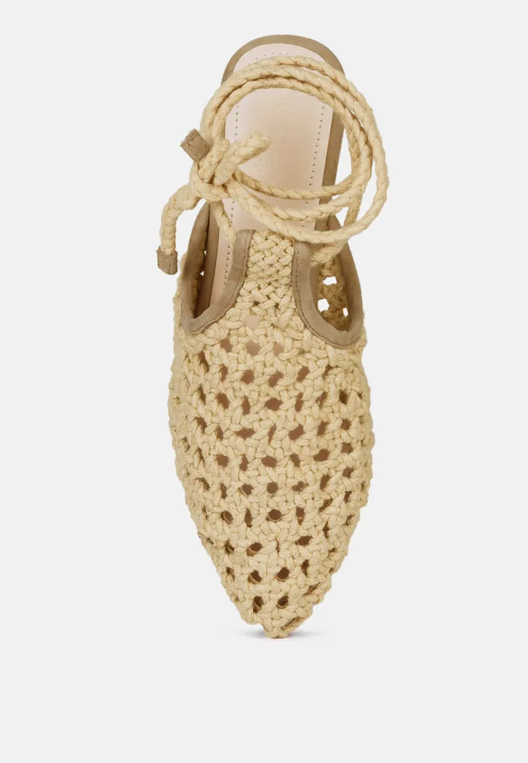 Tutsi Handwoven Honeycomb Cotton Tie Up Mules Flats By Ruw