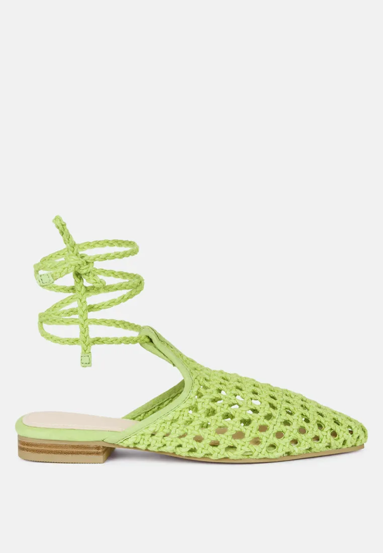 Tutsi Handwoven Honeycomb Cotton Tie Up Mules Flats By Ruw