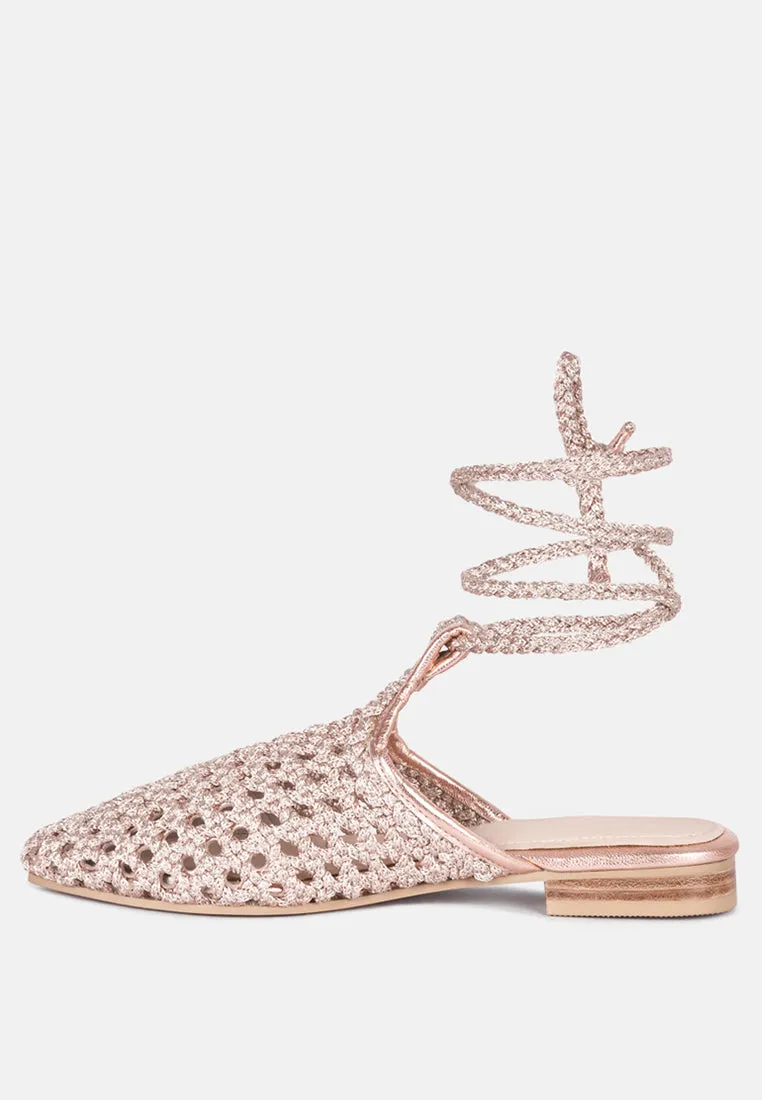 Tutsi Handwoven Honeycomb Cotton Tie Up Mules Flats By Ruw