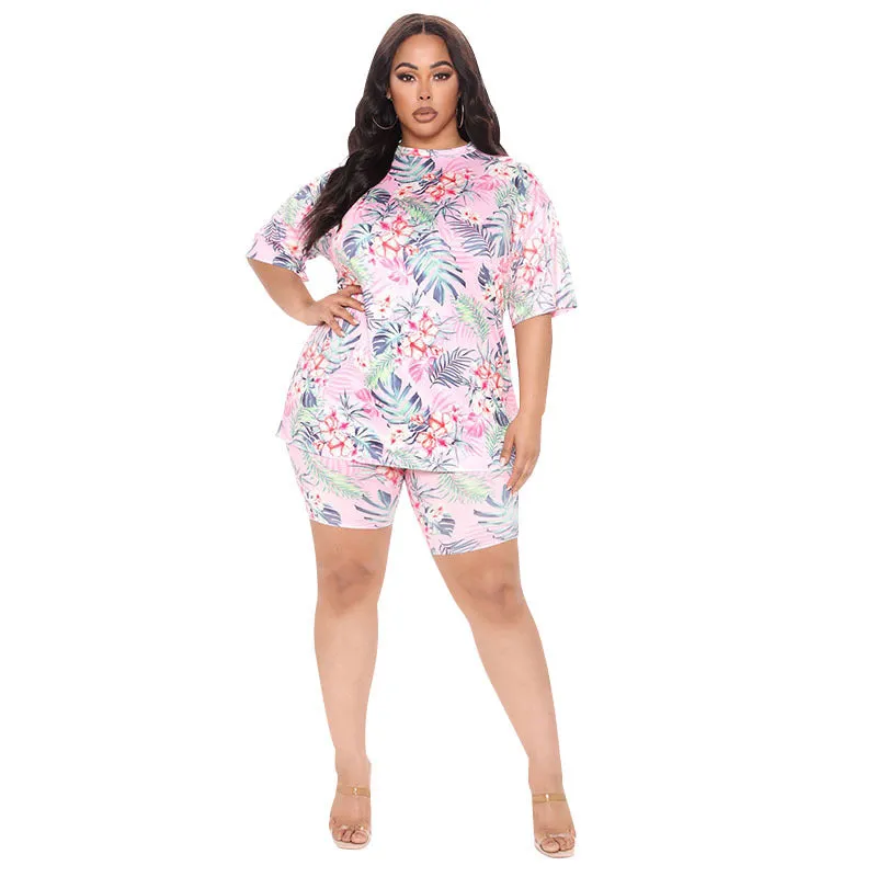 Vibrant Tropical Print Oversized T-Shirt and Biker Shorts Two-Piece Set