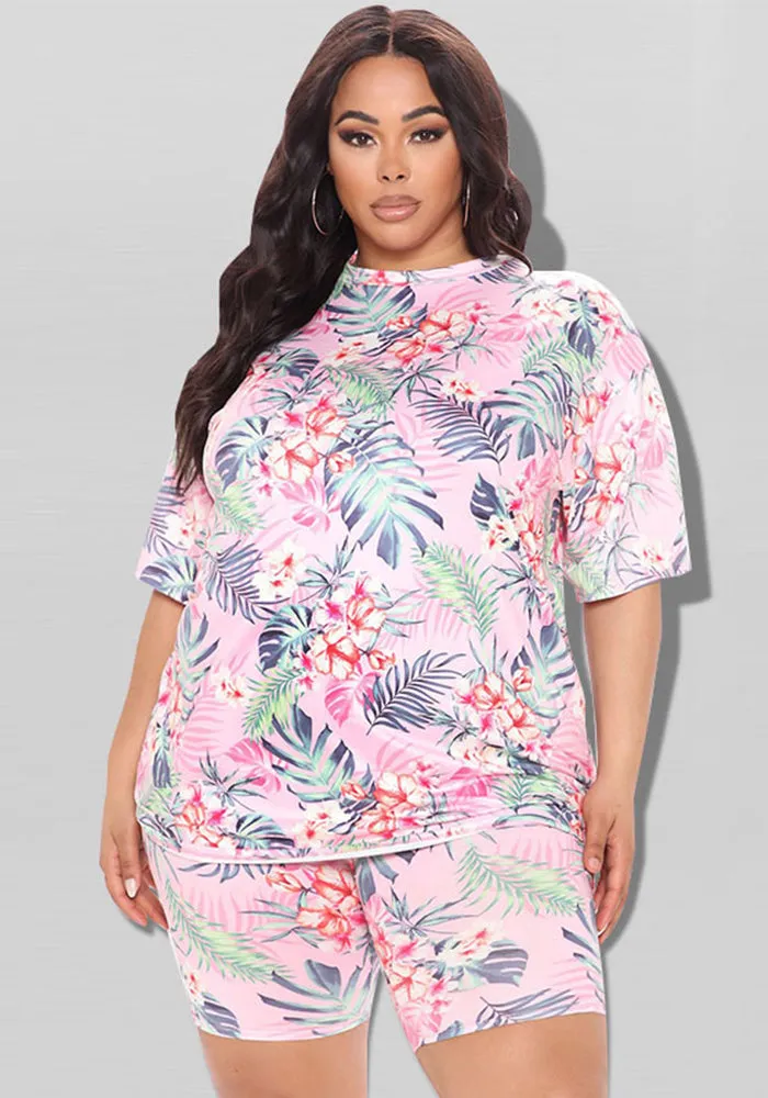 Vibrant Tropical Print Oversized T-Shirt and Biker Shorts Two-Piece Set