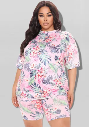 Vibrant Tropical Print Oversized T-Shirt and Biker Shorts Two-Piece Set
