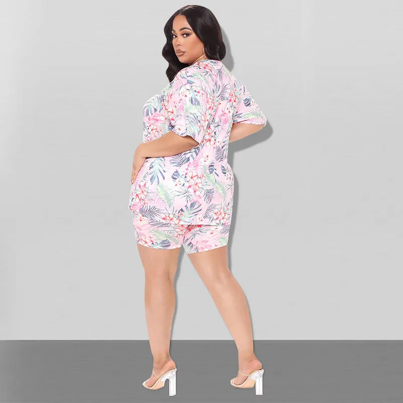 Vibrant Tropical Print Oversized T-Shirt and Biker Shorts Two-Piece Set
