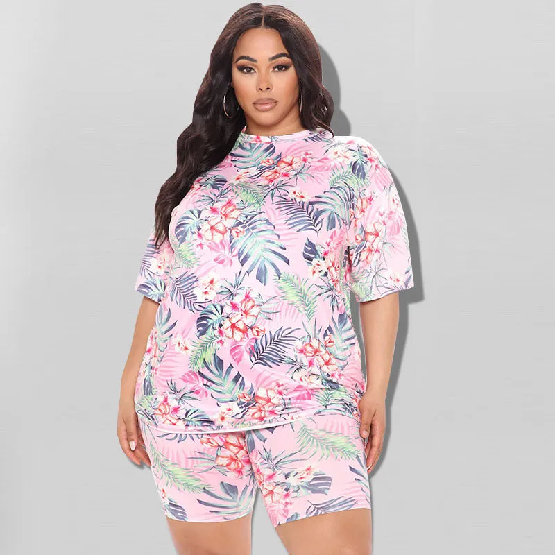 Vibrant Tropical Print Oversized T-Shirt and Biker Shorts Two-Piece Set