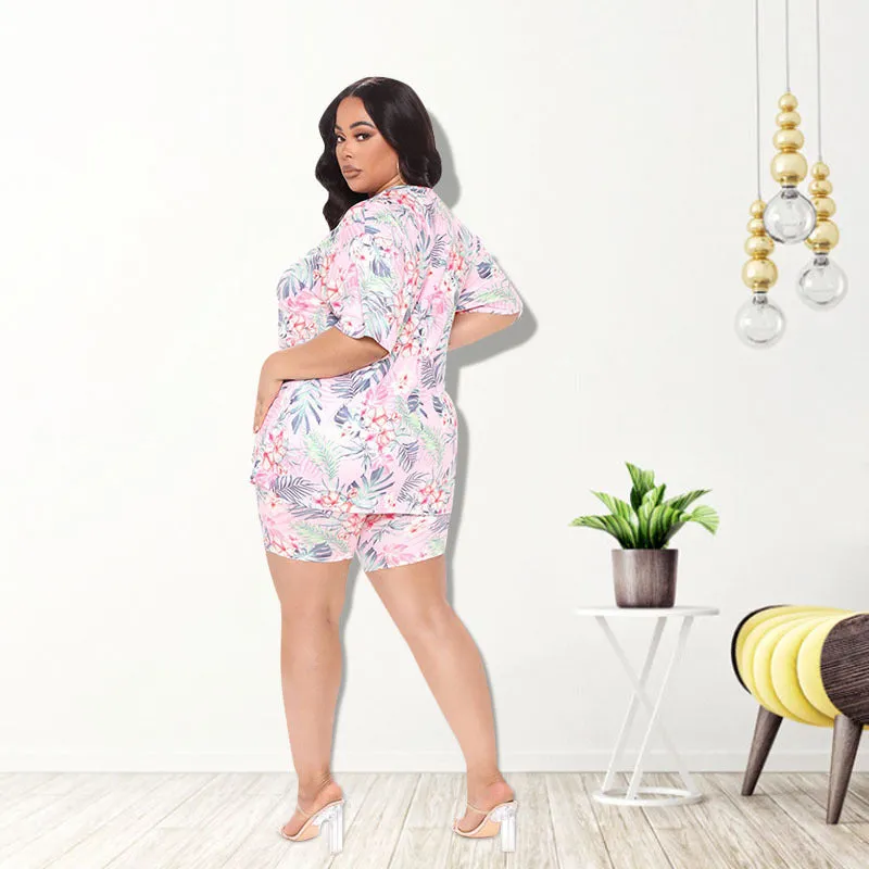 Vibrant Tropical Print Oversized T-Shirt and Biker Shorts Two-Piece Set