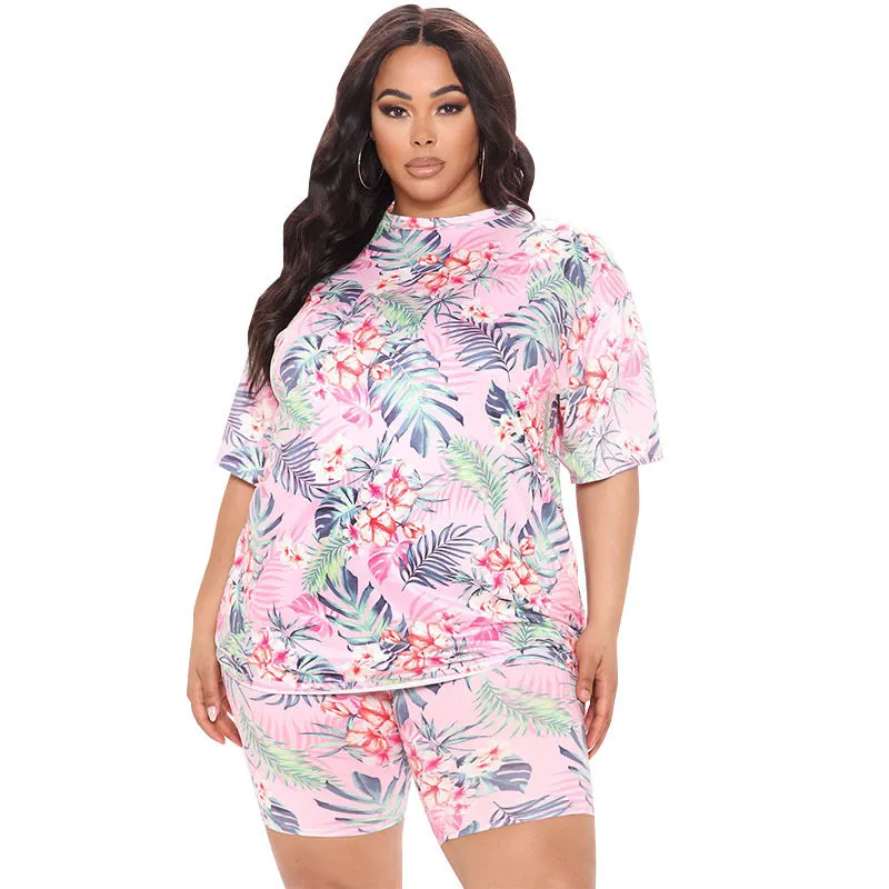 Vibrant Tropical Print Oversized T-Shirt and Biker Shorts Two-Piece Set