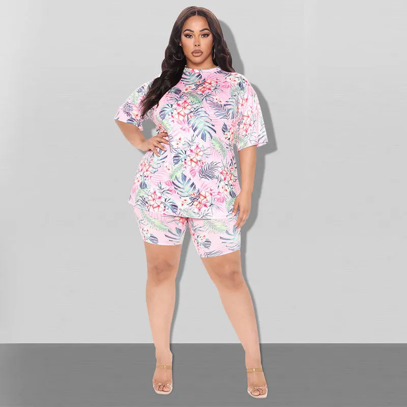 Vibrant Tropical Print Oversized T-Shirt and Biker Shorts Two-Piece Set
