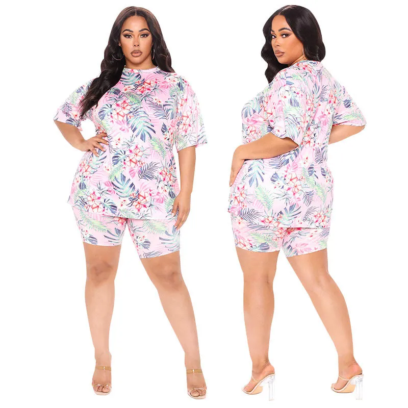 Vibrant Tropical Print Oversized T-Shirt and Biker Shorts Two-Piece Set