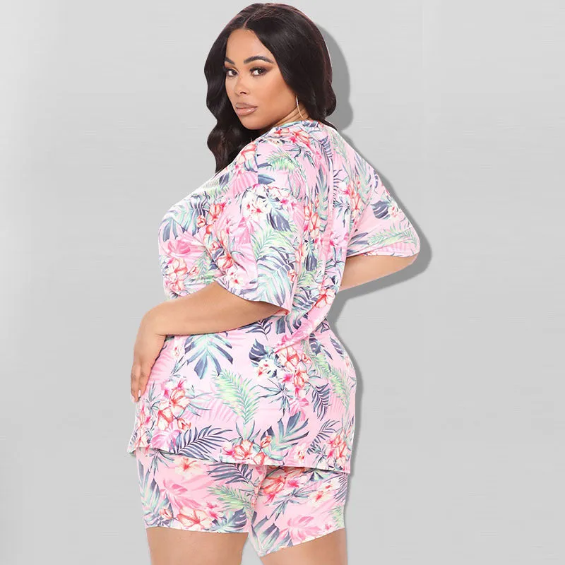 Vibrant Tropical Print Oversized T-Shirt and Biker Shorts Two-Piece Set