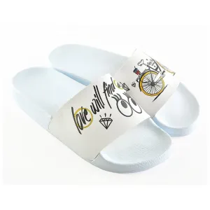 White Colored, and Black Bicycle Patterned, Love Will Find a Way Written Patterned Sandal - CAP109