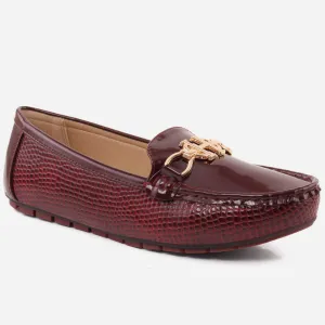 Women “ILESHA” Snake Texture  Patent Vamp Metallic Buckle Moccasin Shoes