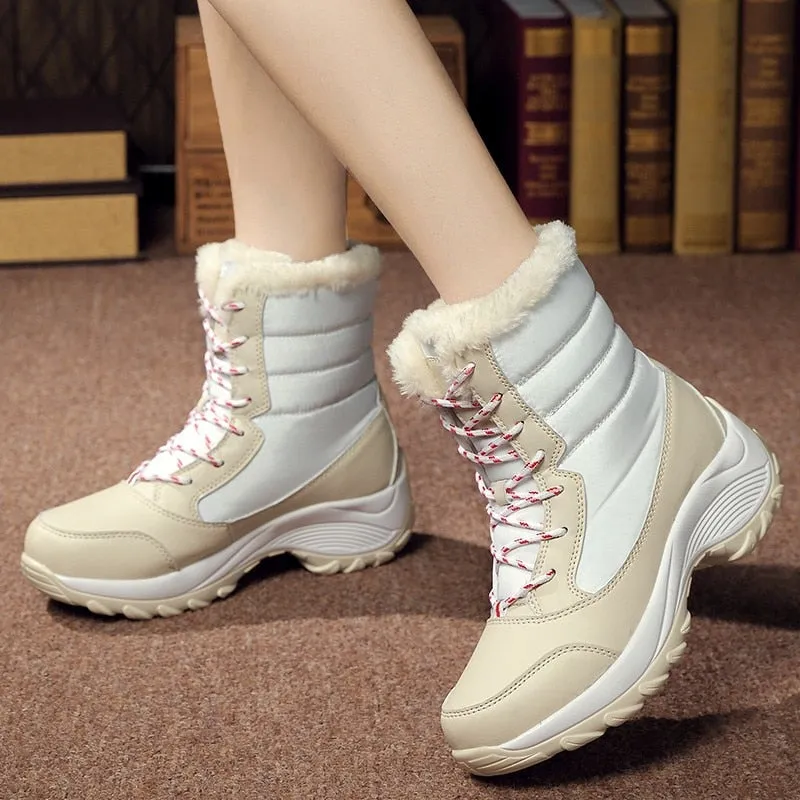 Women Warm Fur Fashion  Lace Up Platform Waterproof  Boots