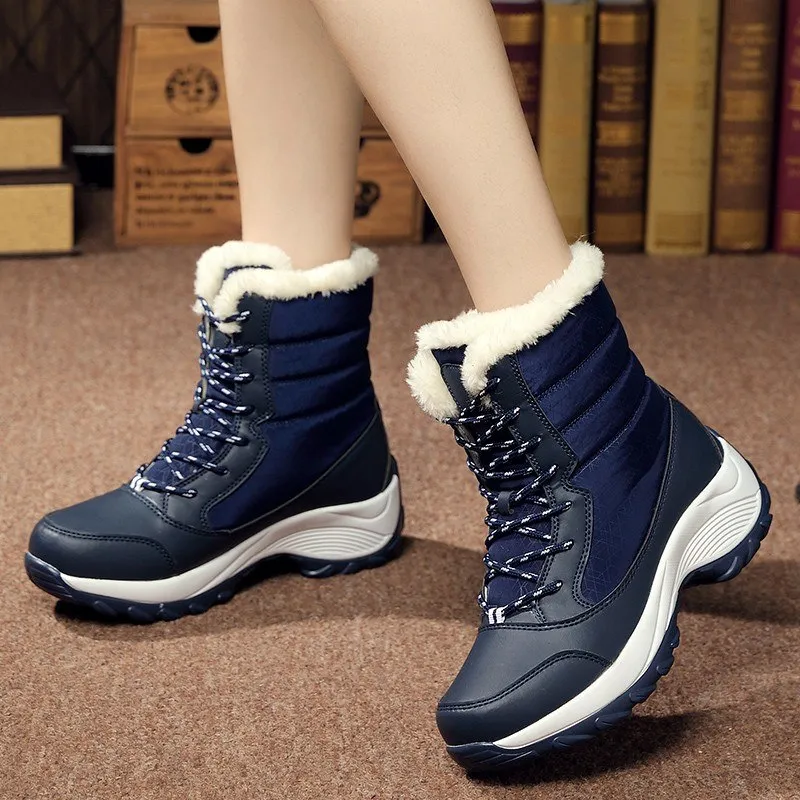 Women Warm Fur Fashion  Lace Up Platform Waterproof  Boots