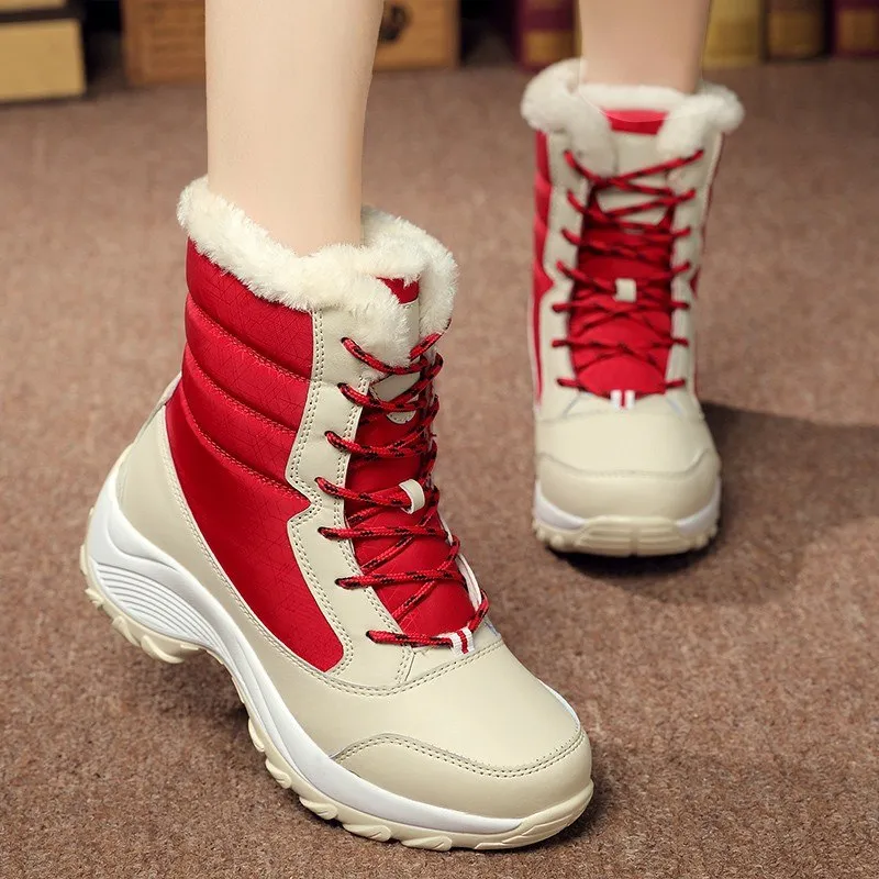 Women Warm Fur Fashion  Lace Up Platform Waterproof  Boots