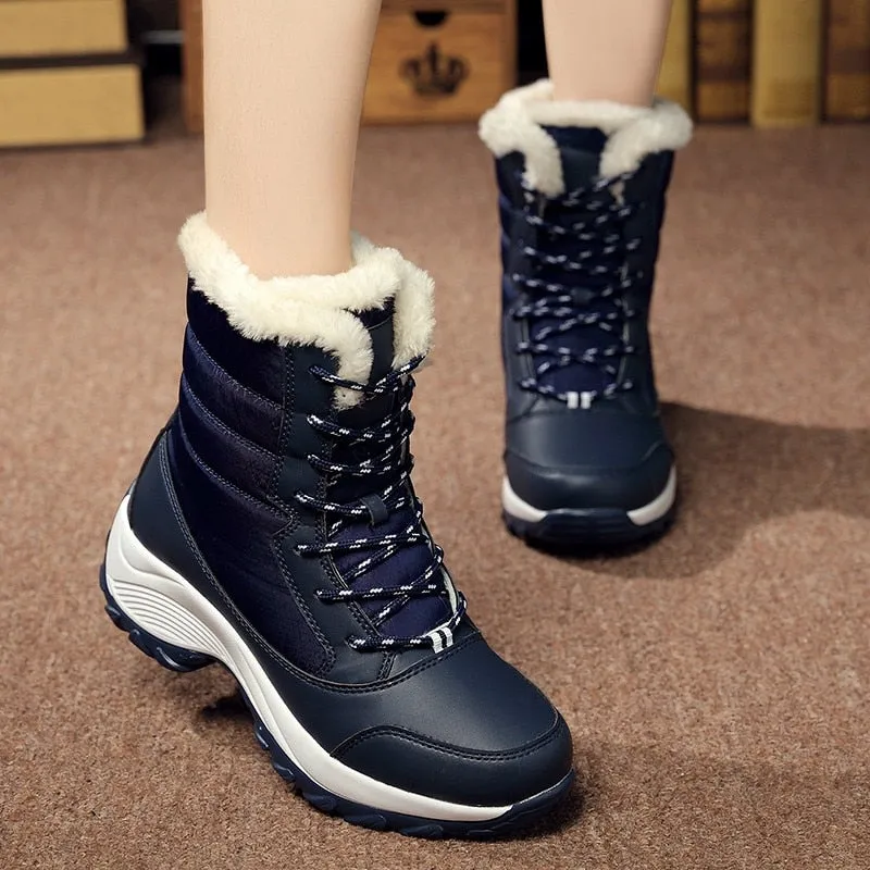 Women Warm Fur Fashion  Lace Up Platform Waterproof  Boots