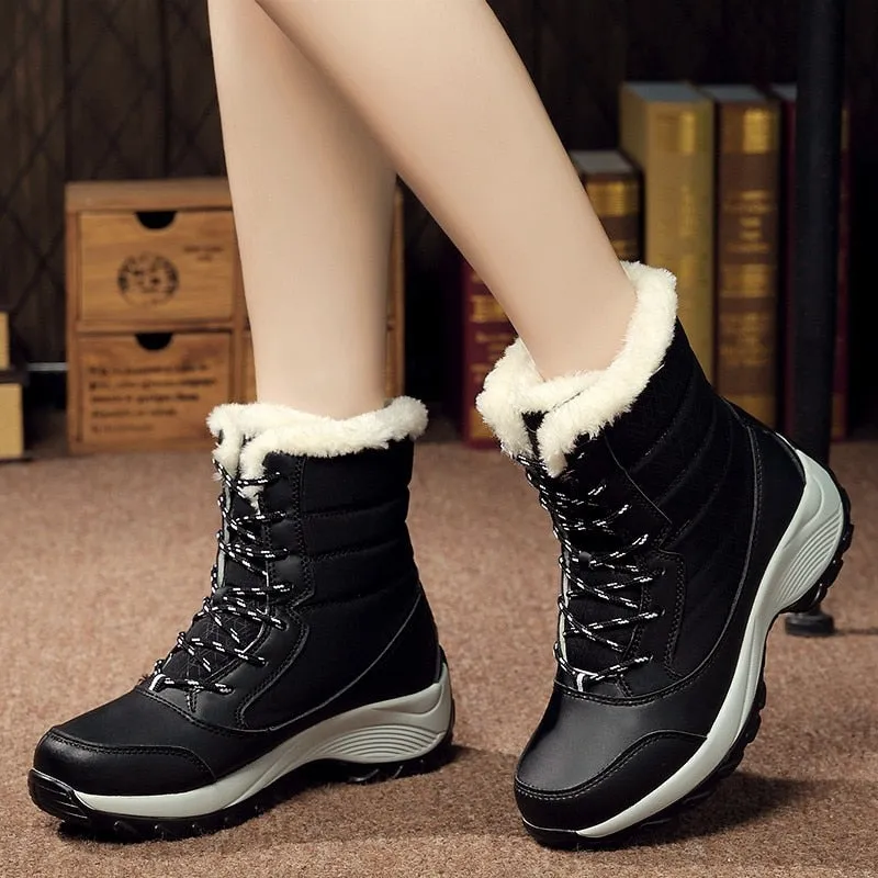 Women Warm Fur Fashion  Lace Up Platform Waterproof  Boots